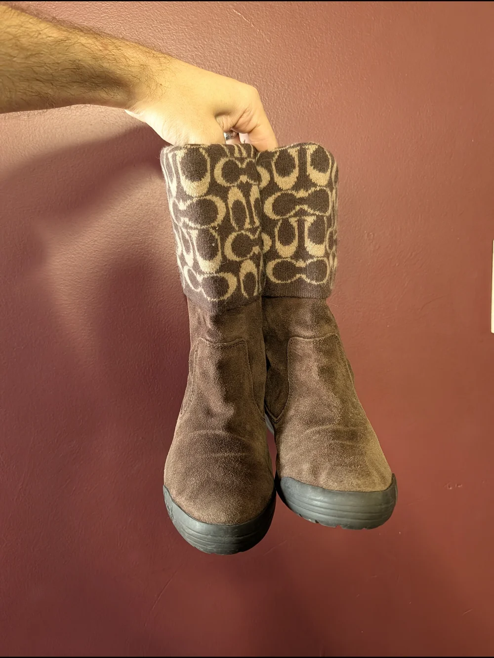 COACH Tatum Brown Suede Leather Fold-Over Wool Knit Monogram Logo Boots Sz7